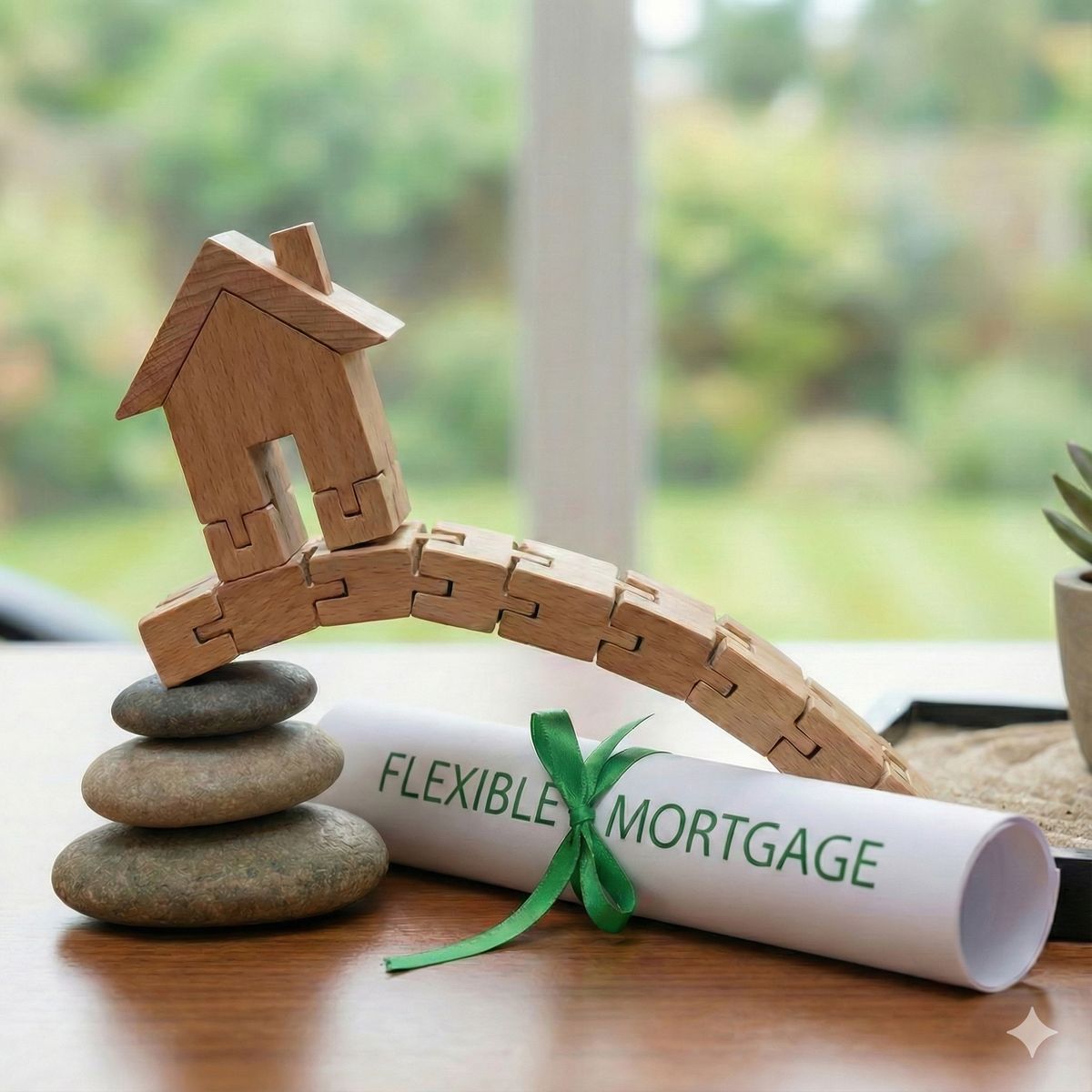 Flexible Mortgage Solutions - Wooden house model balanced on stacked stones with flexible mortgage document